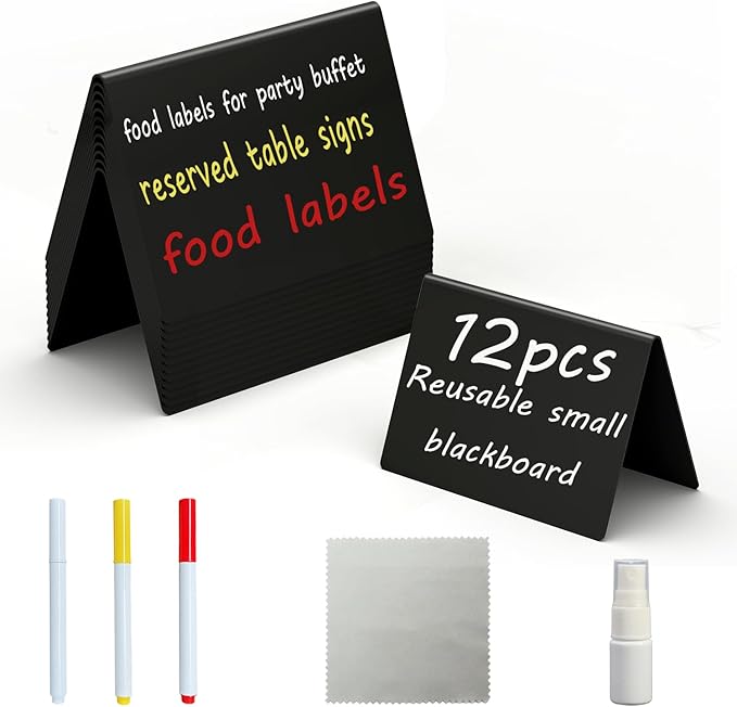 10cm x 7.6cm Mini Erasable Blackboard Food Labels for Party Buffet & Party, Reusable Food Signs for Buffet, Suitable for Supermarkets, Bakeries, Cafes (12pcs)