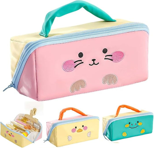 Cute Kawaii Pencil Case Pouch with Handle Cartoon Animal Large Capacity Pen Box Holder Organizer for Office Workspace Supplies Desk Accessories Travel Essentials Trendy Gift (Pink Bunny)
