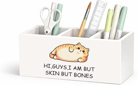 Funny Cat Pen Holder, Inch Desk Organizer, “Hi, Guys, I Am But Skin But Bones” Chubby Cat Illustration, Cute Desk Storage for Pens, Pencils, Scissors – Cat Lover Gift