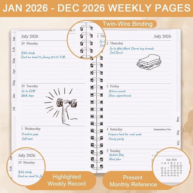 2026 Pocket Planner/Calendar - A6 Weekly & Monthly Planner from January 2026 - December 2026, Easy to Organize Your Daily Life, Medium 3.75" x 6.75", Gold Leaf