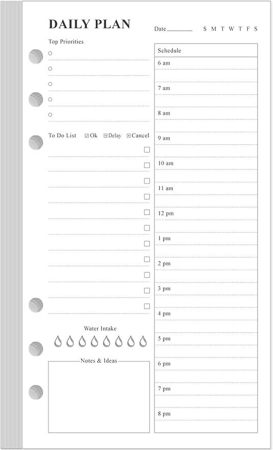 A6 Undated Daily Planner Refill - To Do List for Filofax Personal Binders, 80 Sheets/160 Pages Planner and Lined Refill, 6-Hole Punched, 3.75" x 6.75"