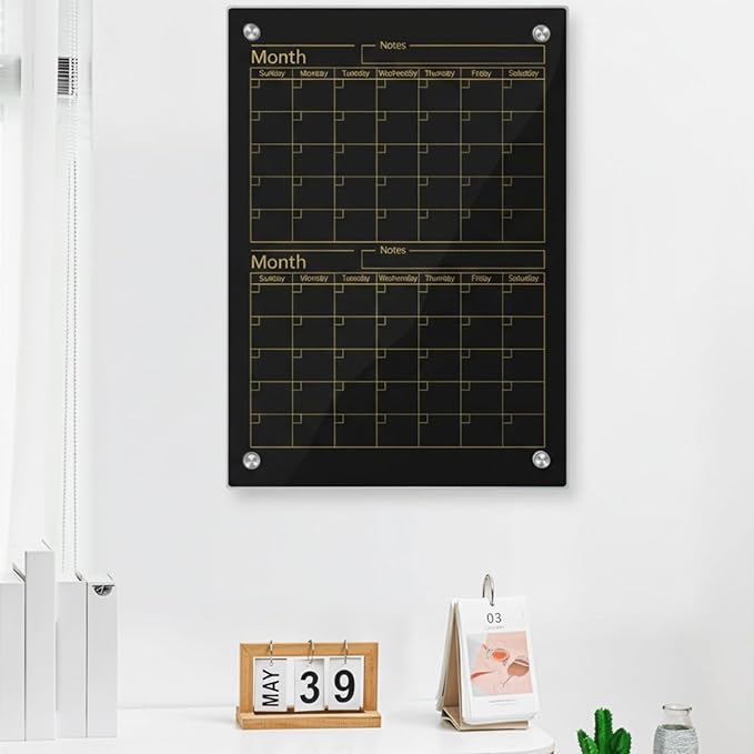 Glass Whiteboard Calendar Dry-Erase White Board Planner Glass Large Wall Mounted Calendar with Marker Tray for Wall Home or Office(Black,24" X 18",2 Month)