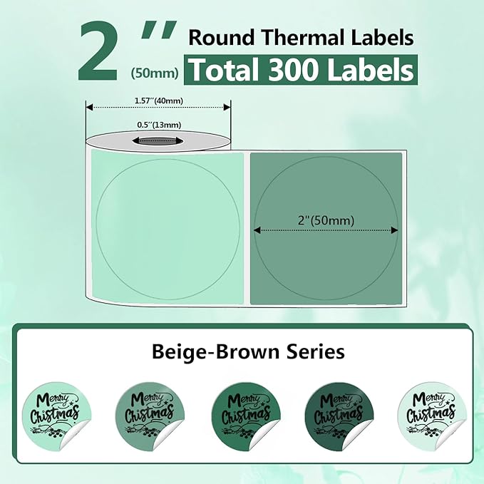 300PCS 2 Inch Round Thermal Printer Labels for Label Maker, Green Series Thermal Stickers for Gifts, DIY, Fruit Stands, 2x150PCS/ Roll Circle Stickers with PL70E/ PL80E/ Y812/ X1038 Label Printer