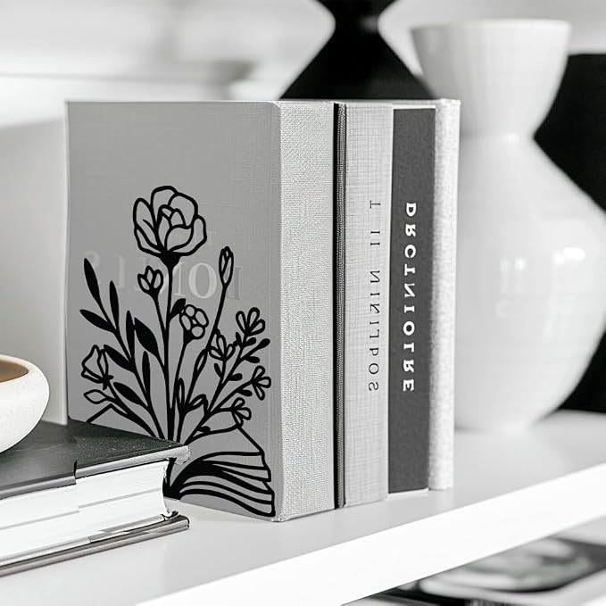Peacoblue Metal Bookends for Shelves, Modern Decorative Heavy Duty Study Book Support Stoppers for Office, Desk, Shelf, Room 5.3"x4.3"x7.9" Cast Iron Simple Tall Bookends, 1 Pair (Books and Flowers)