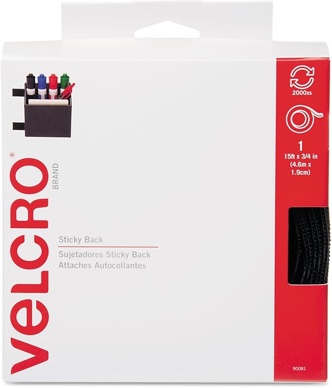 Velcro, 90081, Sticky-Back Hook & Loop Fasteners, 3/4" x 15ft, Black, 1 Roll/Pack, Sold As 2 Packs