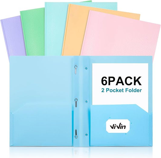 ViVin Sturdy Plastic Folder with Pockets,6 Pack,Heavy Duty Two Pocket 3 Prong Folders,Holds Letter Size Paper,File Folders with Business Card Slot for School Home and Office(Assorted Color)