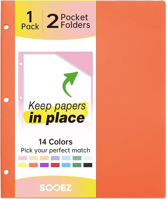 Sooez 2-Pocket Folders, Plastic Folders with Pockets 3 Hole Punched, 1 Pack Pockets Folder for 3 Ring Binder with Labels, Heavy Duty Binder Folder for Document, Letter Size File Folder,Orange