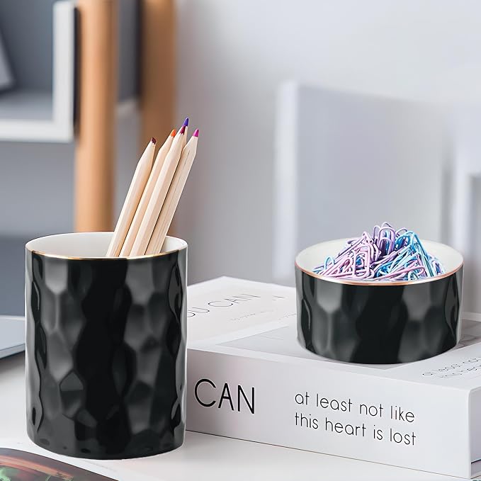 Aesthetic Desk Organizer Set of 2 For Your Office - Sturdy Concrete Desktop Accessories For Women or Men Enhance Any Office Decor - Set incl. Ceramic Black Pen Holder and Paper Clip Holder