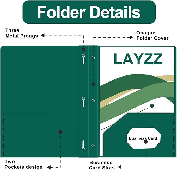 Two Pocket Folders with Prongs, LAYZZ 60 Pack Poly Plastic Folders, Heavy Duty Plastic Folders with Pockets and Prongs, Letter Size, for Offices and Schools (Green)