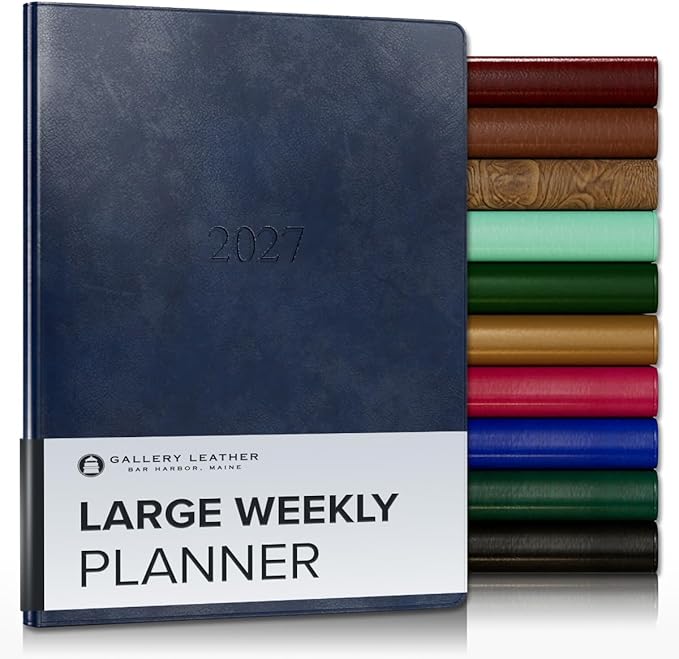 Gallery Leather Large Weekly Monthly Planner 2027, Elegantly Bound Calendar Planner and Notebook with Stylish Gold-Gilded Page Edges, 12 Months - Acadia Navy - 9.75x7.5"