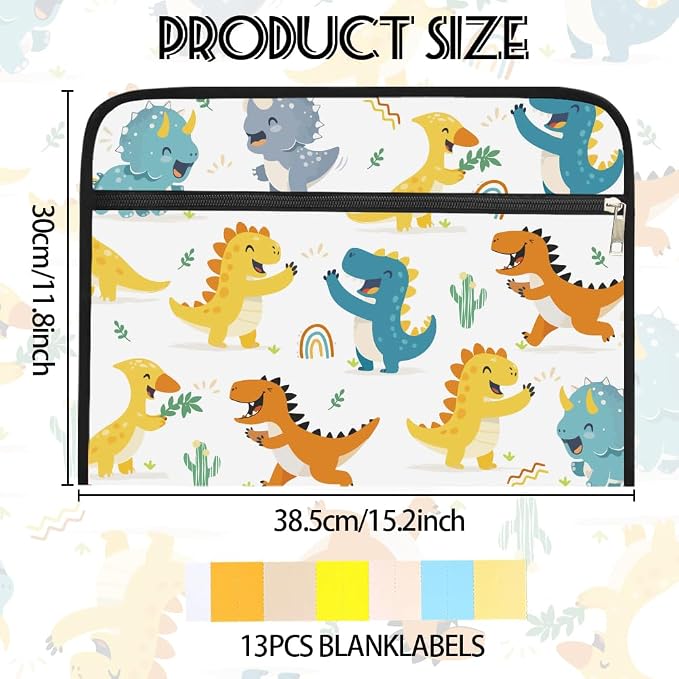 WEBEEDY Abstract Dinosaurs 13 Pockets Expanding File Folder with Labels and Zipper, Cute Dinosaurs Plants Prints Accordion Folder Portable File Organizer for A4 Paper Document Receipt Paperwork Office