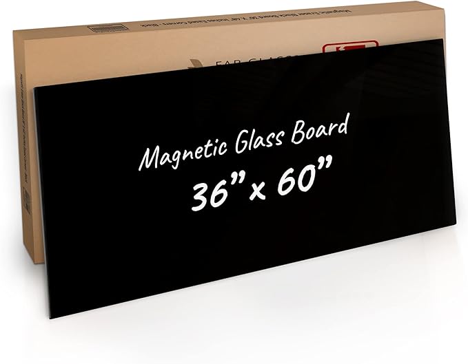 Fab Glass and Mirror Frameless Magnetic Black Glass Dry Erase Board 60 in. x 36 in. | Floating Wall-Mounted with Marker, Tray, Eraser, Pushpins, Vertical or Horizontal Installation