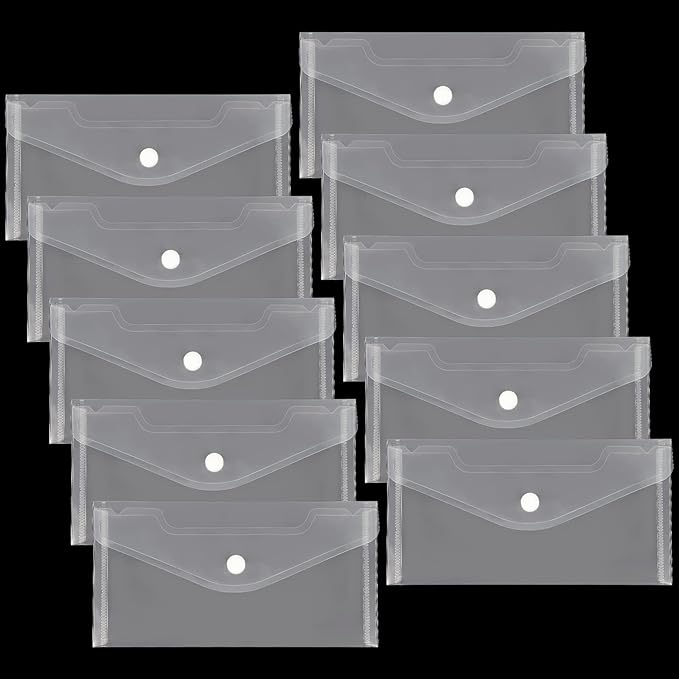 Plastic Envelopes 10 Pack Clear Document Folders，Plastic Envelopes with Snap Closure, Poly Folder File Folder for School Home Work Office Organization (4.13x7.87inch)