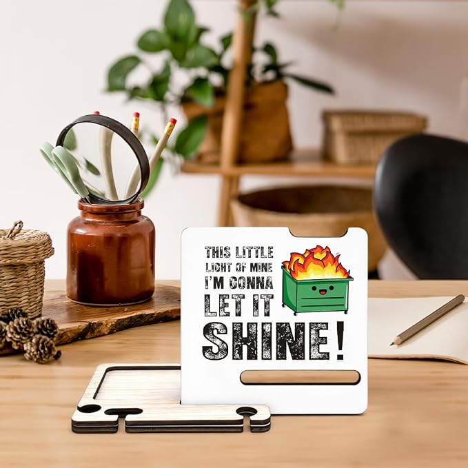 Inspirational Office Gift for Women - Multi-functional Desk Organizer - Humorous Dumpster and Fire Office Quote Wooden Sign for Desk Shelf Table Decor