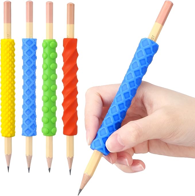 Affrolling 4 Pack Textured Silicone Pencil Sleeves Set Sensory Fidget Grips with 4 Pencil, Quiet Classroom Fidget Toys for Autism Calming, Adhd Tool, Anxiety Relief, Quiet Tool Gift for Adults & Teens