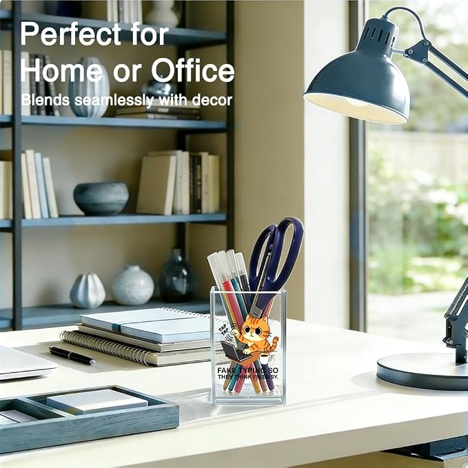 Tap Tap Fake Typing So They Think I'M Busy Acrylic Organizer Pencil Pen Holder, Cute Cat Office Desk Accessories Holder for Women HR Coworker Friend, Sarcastic Gifts for Coworker Accountant