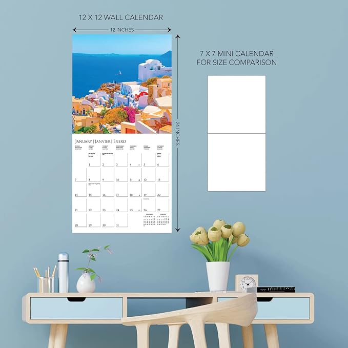Graphique 2024 Greek Isles Wall Calendar | 12” x 12” | Thick Paper | Home & Office Organizer | Large Monthly Grid | 3 Languages & Marked Holidays | 4 Month Preview Page for 2025