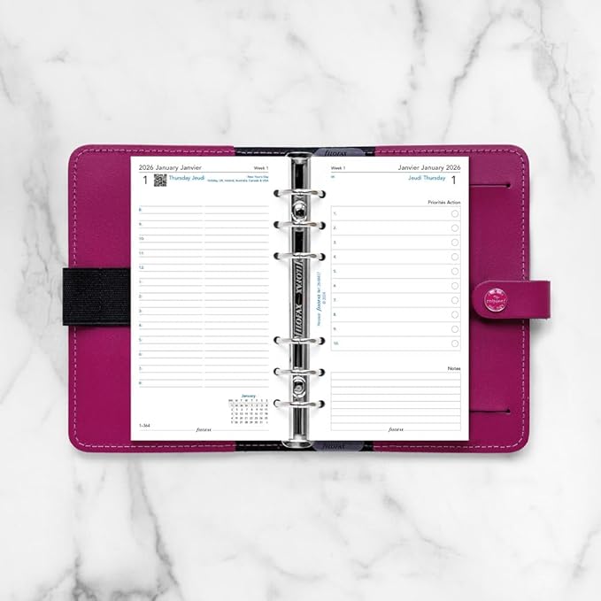 Filofax Calendar Diary Refill, Personal/Compact Size, Day on Two Pages with Appointments, White Paper, Bilingual, 2026 (C68417-26)