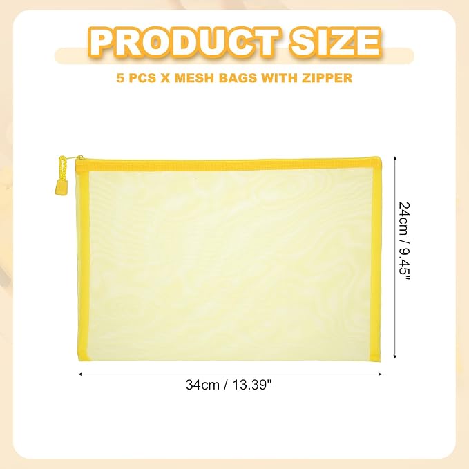 PATIKIL A4 Mesh Zipper Pouch Bags, 5 PCS Mesh Bags with Zipper Plastic Storage Pocket for Organizing File Beads Office Home Supplies, 34x24cm, Yellow