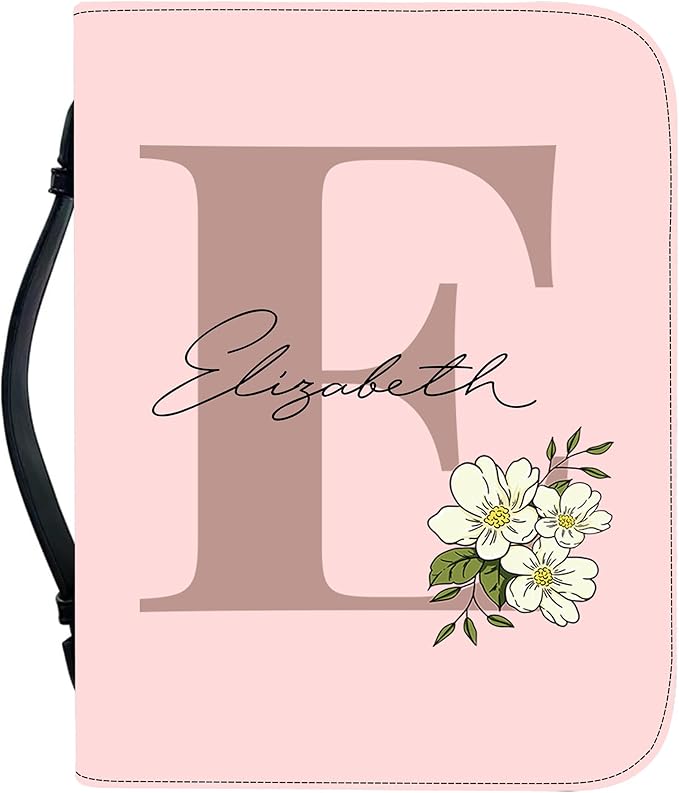 Custom Leather Bible Cover with Name – Personalized Bible Case for Women Zippered with Handle, Bookmark & Storage Pockets, Christian Gift for Mom, Daughter, Grandma (Innitial 02, M-2XL)
