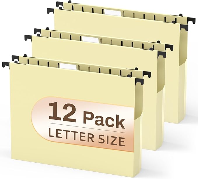 Plastic Hanging File Folders Letter Size, 12 Pack Yellow File Folders Hanging w/Tabs, Wide Reinforced Hang Folders 2 in Expansion, Accordion File Cabinet Folders Hanging for Filing Cabinet