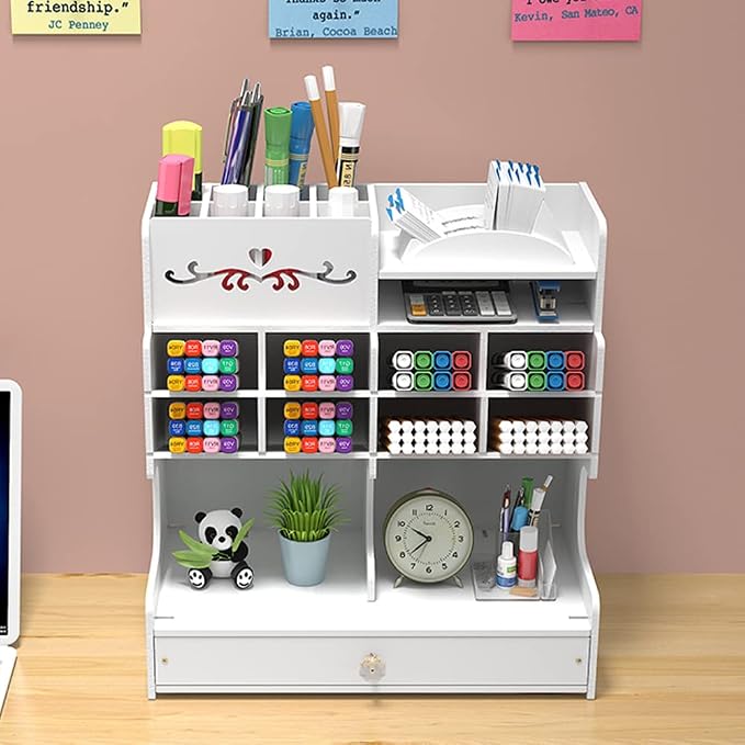 Hggzeg White Pen Holder with Compartments and Drawer, Marker Organizer, Art Supply Accessories, Multi-Functional Pencil Storage, for Home, Office and School