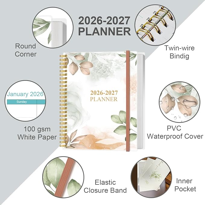 2026-2027 Planner - Weekly & Monthly Planner from January 2026 - June 2027, Planner 2026-2027 with Elastic Closure, Inner Pocket, 8.5" x 11", Rose Leaf