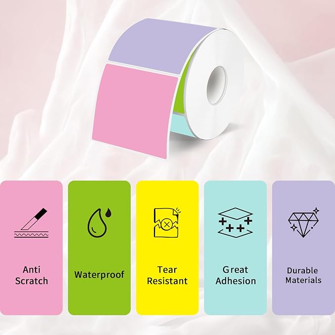 Square Thermal Labels Stickers 2" x 2", Self-Adhesive Waterproof Square Direct Thermal Labels Stickers, Perforation Line Design- 300 Sheets/Spring Colors