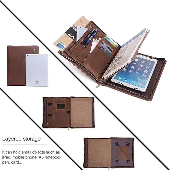 Crazy Horse Leather Portfolio Binder with 3-Zipper, 11-inch iPad Holder Padfolio, Executive Business Organizer for iPad Pro 13, Air 13, Mini, Document Case & Legal Pad Holder for Men & Women