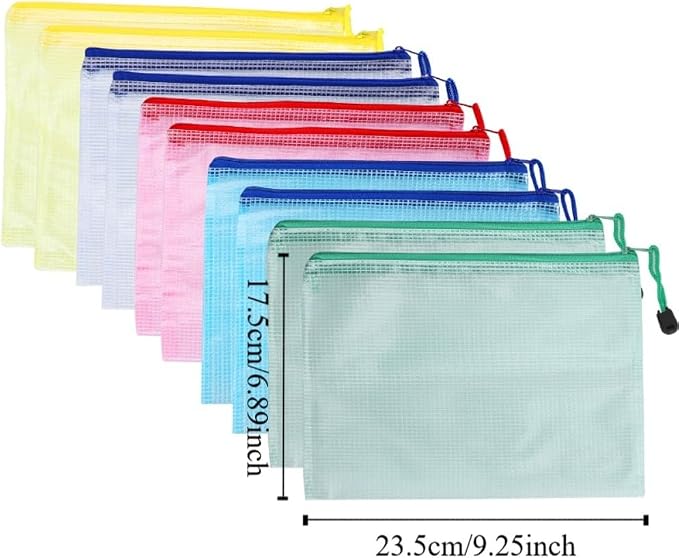 10Pcs Mesh A5 Document Pouch – Water Proof PVC File Bag for Office Supplies Storage, Zipper Envelope Organizer with Clear Window 9.2x6.9 in