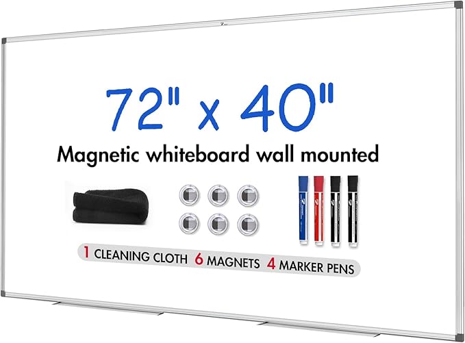 TOWON Magnetic Dry Erase Board, 72 x 40 in White Board Dry Erase, Aluminum Framed Whiteboard for Wall, Large Dry Erase Board Wall Mounted with Markers, Pen Tray, Magnets, Cleaning Wipe, Silver Border