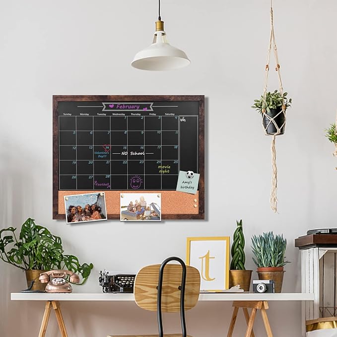 TORASO Magnetic Chalkboard Calendar Corkboard, 18" x 22" Combination Chalk Board Bulletin Board, Walnut Brown Framed Blackboard Calendar Cork Combo Board(ZHHB-BN-4555)