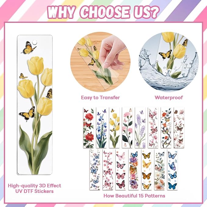 Peacoblue 30pcs UV DTF Bookmarks Transfer Stickers Wraps Butterfly and Flowers for Women Men Reading, Waterproof Bookmarkers Decal(No Blank Bookmarks) for Acrylic Plastic Metal Blank Bookmark