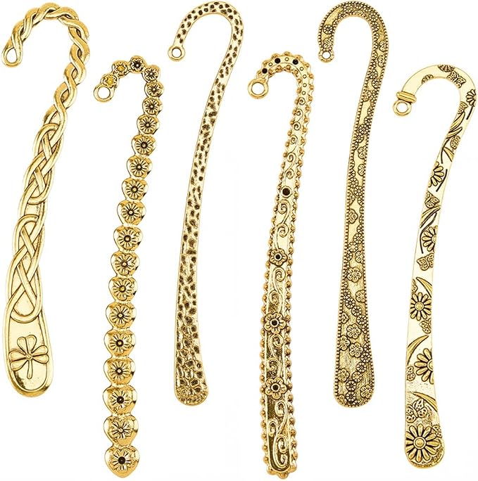 SUNNYCLUE 12Pcs 6 Styles Metal Bookmark Hairpin Hook Book Mark Alloy Vintage Antique Gold Flower Carved Bookmarks Findings with Hole Book Marker Blank for Crafts Teacher Reading Jewelry DIY Gifts