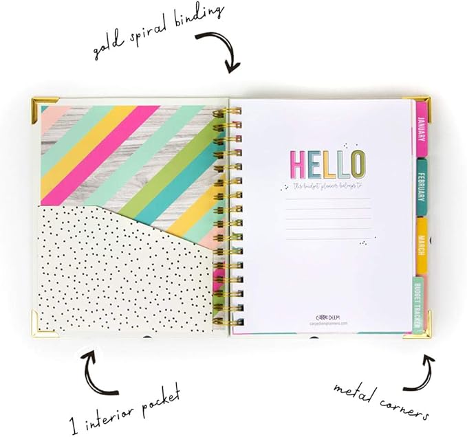 Pukka Pad, Carpe Diem Budget Planner Spiral Bound Notebook with 12 Month Calendar, Dividers, Inserts, and Sticker Sheets – Features Savings Goals & Tracker, Financial Overview, and Bank Information