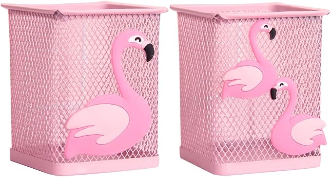 Trycooling 2 Pack Metal Cute Pen Pencil Holder Office Home Desk Square Pencil Cup Caddy Box Makeup Brush Holders for Girls (Square)