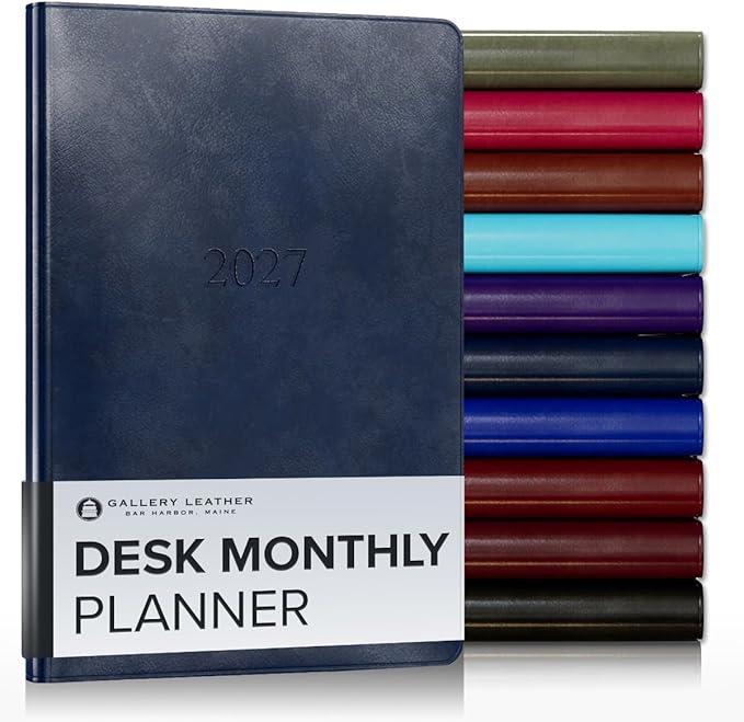 Gallery Leather Desk Monthly Planner 2027, Elegantly Bound Calendar Planner and Notebook with Stylish Gold-Gilded Page Edges, 18 Months - Acadia Navy - 8x5.5"