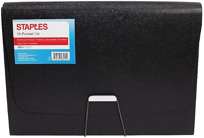 Staples Reinforced Expanding File, 13‑Pocket Accordion Organizer, Letter Size, Heavy‑Duty Poly Construction, Black