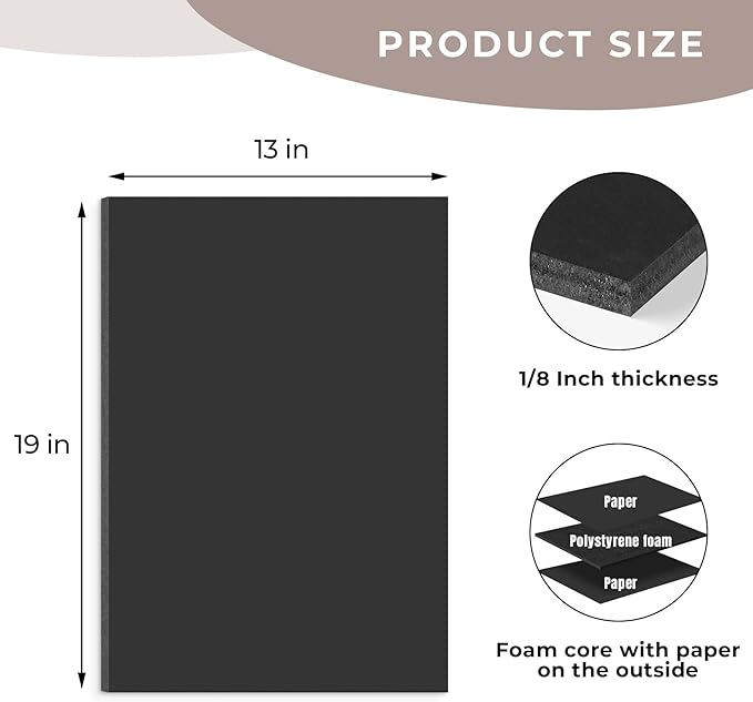 AUEAR, 12 Pack 13x19 Black Foam Boards 1/8" Thickness Foam Core Boards for Presentation Board for School Crafts Office Art Projects Display, Mounting, Print