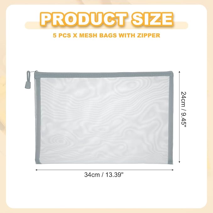 PATIKIL A4 Mesh Zipper Pouch Bags, 5 PCS Mesh Bags with Zipper Plastic Storage Pocket for Organizing File Beads Office Home Supplies, 34x24cm, Gray
