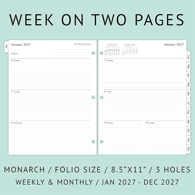 newestor 2027 Weekly Planner Refills for 3-Ring Binder with Monthly Tabs, Two Pages Per Week, 8-1/2" x 11", Folio Size 5 / Monarch