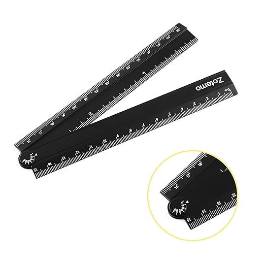 2-in-1 Foldable Metal Ruler & Protractor -15cm Compact to 30cm Extended, Precision Laser Etched Metric Scale, Aluminum Folding Small Ruler for Planner Journaling Drafting Drawing (Black)