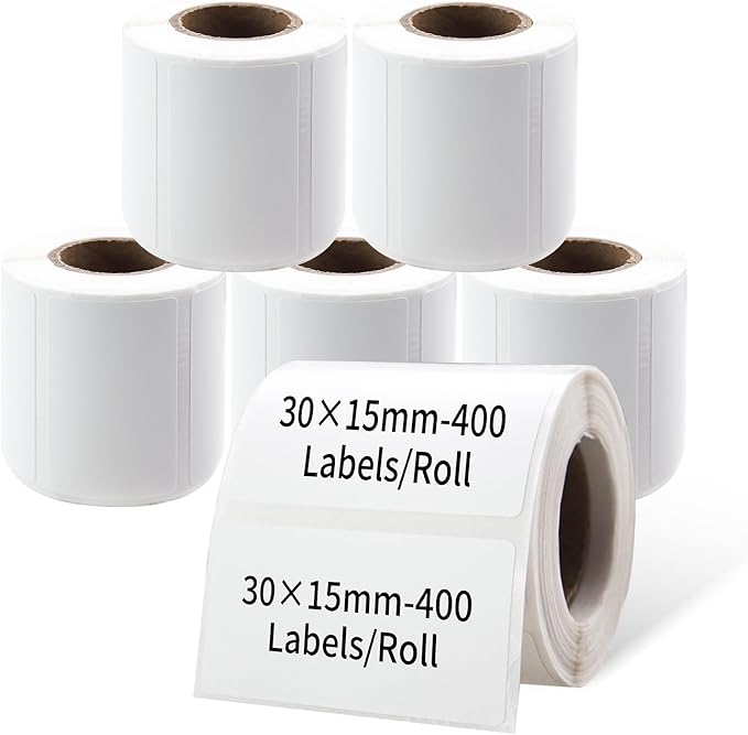 PUQU 30x15mm Direct Thermal Sticker Labels, Self-Adhesive All-Purpose Label Maker Tape, Compatible with AQ/Q1 Series Label Printer, Refills Standard Laminated Office Labeling, 6 Rolls