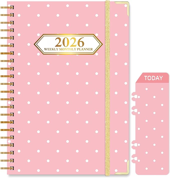 2026 Monthly Planner, Jan.2026 - Dec.2026 Weekly Planner 6.25"x8.5" with Page Tabs, Calendar Hardcover with Inner Pocket, Elastic Band, Twin-Wire Binding, Bookmark, White Pink Polka Dots