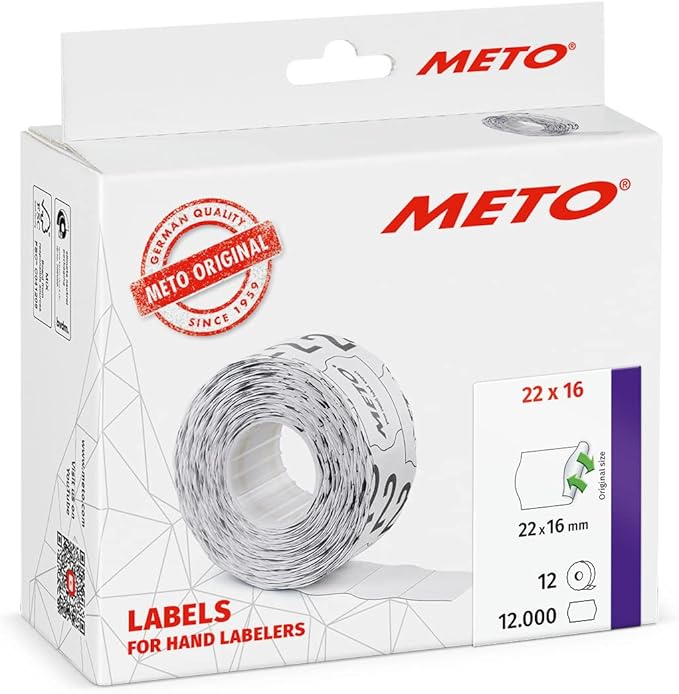 METO Labels for Hand Labeller 30007337 (22 x 16 mm, 2 Lines, 12,000 Pieces, Removable, for Meto, Contact, Sato, Avery, Tovel, Samark etc.) 12 Rolls White
