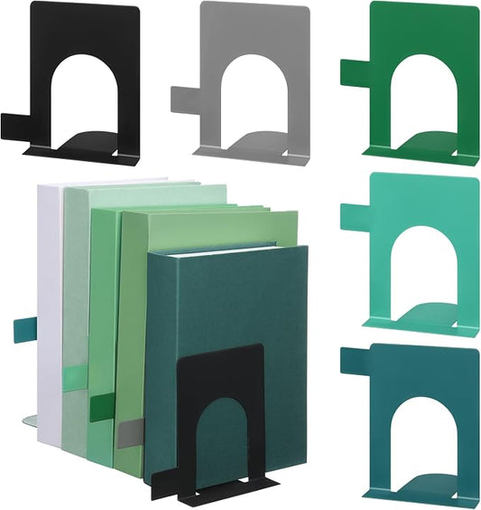 5 Set Metal Book Ends for Shelves Book Shelf Dividers Library Shelf Marker Bookends Stopper Colorful Office Stand Holder for Heavy Books Desk Home Movies Kitchen Cds(Gray Green)