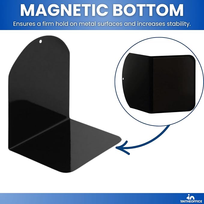 1InTheOffice Bookends for Shelves, Metal Bookends, 6" x 5" x 7", Magnetic, Black, 4 Pack