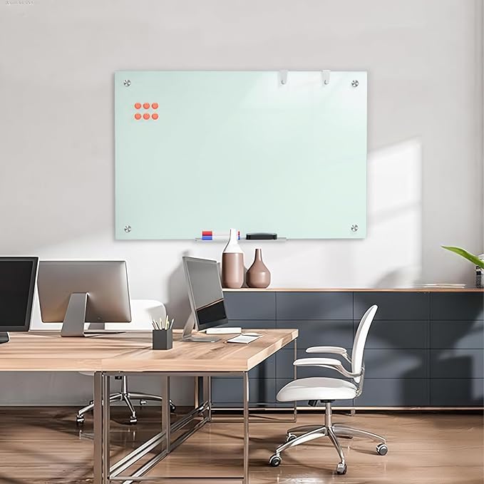 Large 0.3mm Reinforced Metal Backing Glass White Board for Wall, 36" x 24" Big Magnetic Tempered Glass Dry Erase Board with Frameless Design, 3' x 2' Glass Whiteboard for Home, Office, School