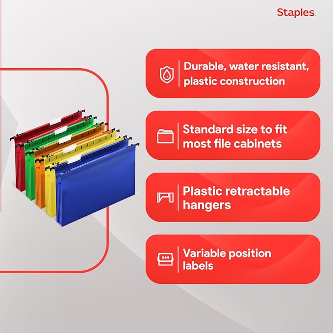Staples Poly Expanding Hanging File Pockets, Letter Size, Assorted Colors, Durable Poly Construction – 5/Pack