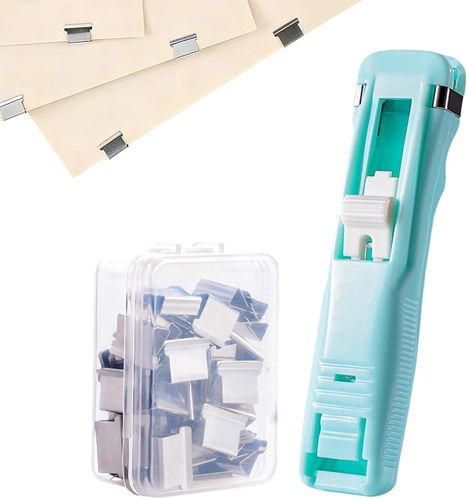 Clam Clip Dispenser - 50 Reusable Binders, Stackable Design, Punch Free Stapler, Reusable Push Stapler | Binder Clips Suitable for Home, School, Desk, and Office